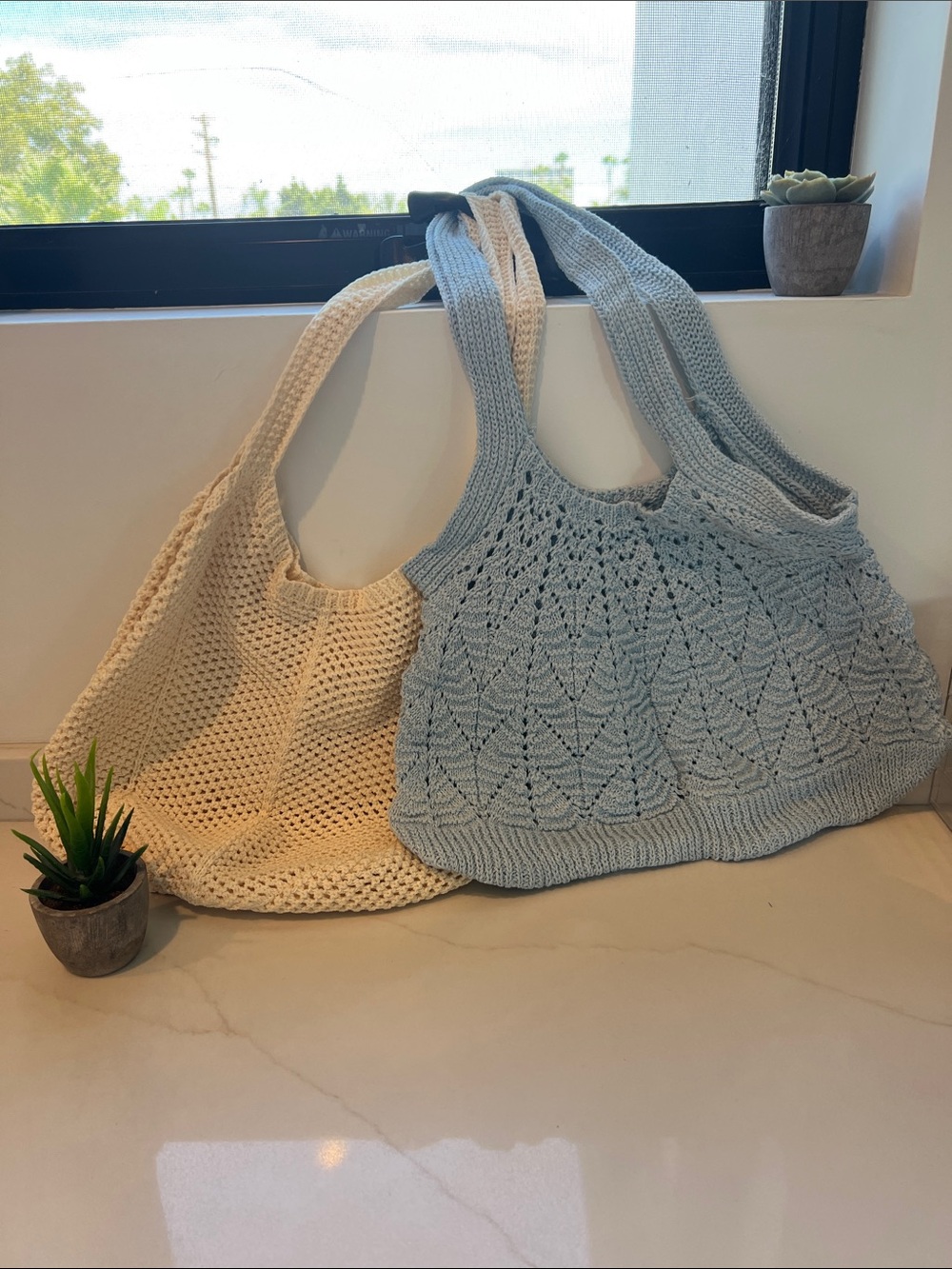 Handmade Knit Tote Bags- Cream and Light Blue